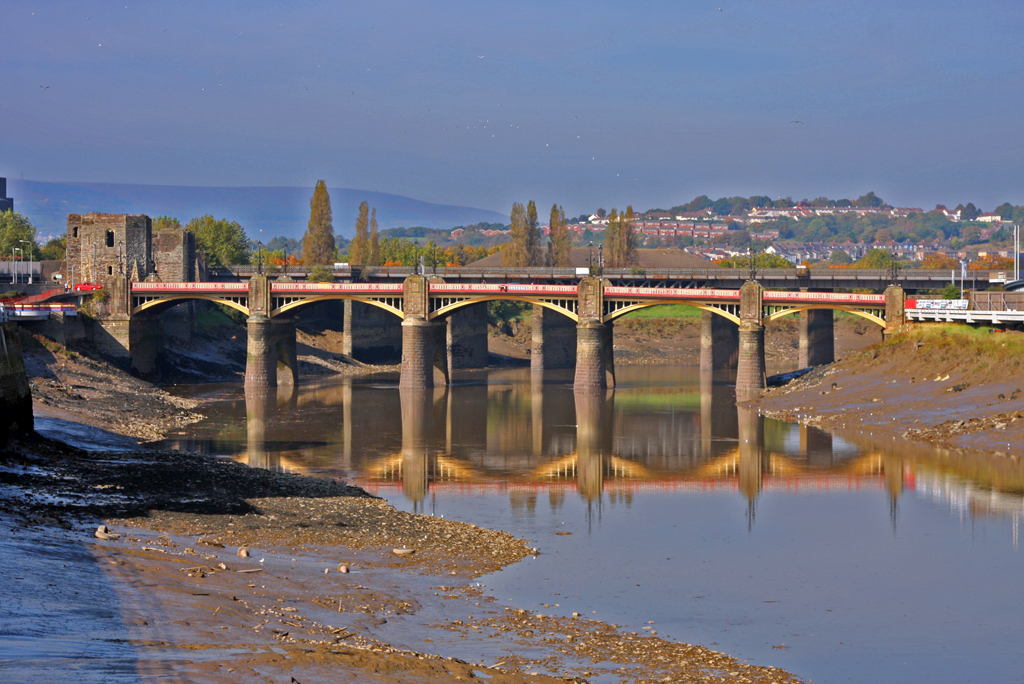 Newport Castle and Road and Rail bridges over River Usk