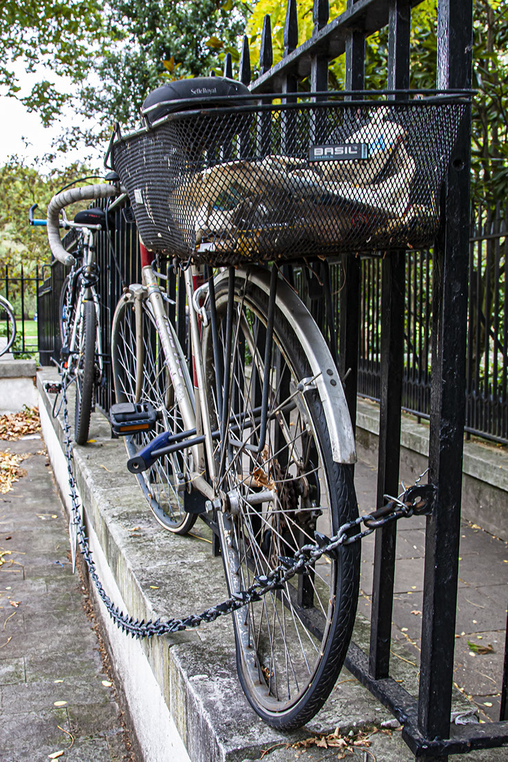 Captive Bicycle chained to railings.