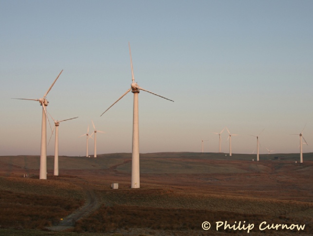Powys Wind Turbines in the first light of dawn - tomorrow's symbol of energy